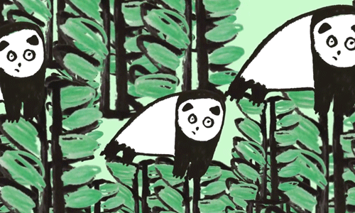 animated gif of 3 pandas and leaves